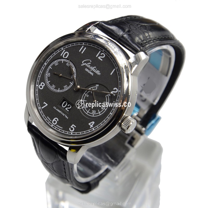Glashutte Senator Observer Automatic Steel Grey Dial Black Alligator Clasp Sapphire - View 3