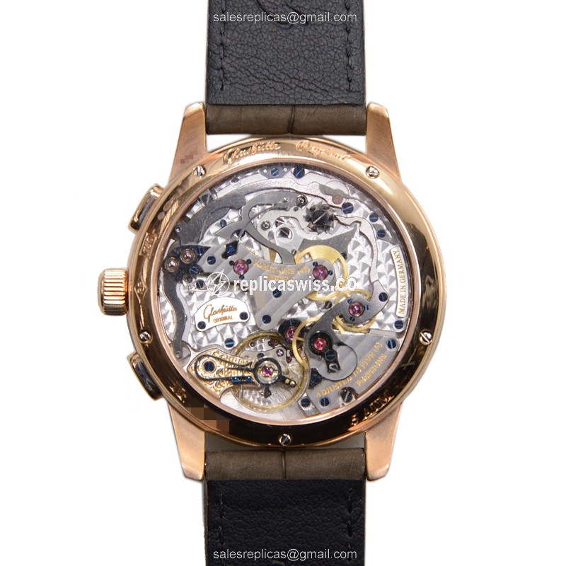 Glashutte PANO Manual Wind 18kt Rose Gold - Silver Dial - Alligator Brown Strap - View 3