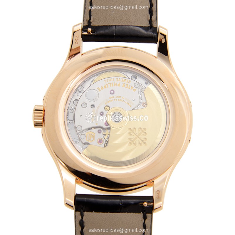 Patek Philippe 5205R-010 Complications Replica - Auto - 18kt Rose Gold - Black Dial - Buckle Clasp - Alligator Black - View 3