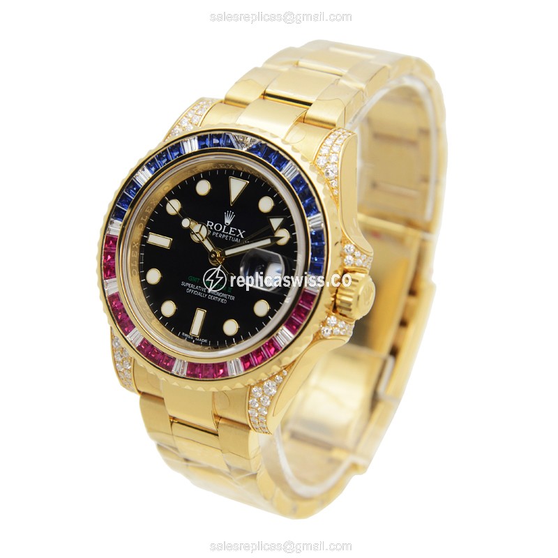 Rolex GMT-MASTER II Replica - Automatic - 18kt Gold - Black Dial on Steel Strap - View 3