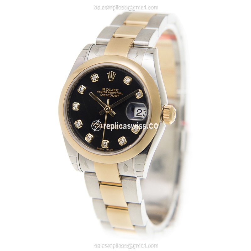 Rolex Lady Datejust Replica - Automatic - 18kt Gold & Steel - Black Dial - Gold Strap - View 3