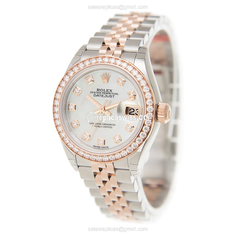 Rolex Datejust Replica - Automatic - 18kt Rose Gold - White Dial, Diamond Bezel - View 3