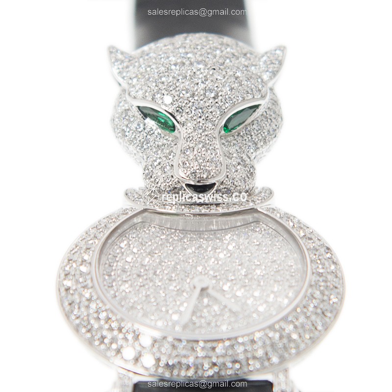 Cartier Bestiaire Quartz 18kt White Gold - Diamond Dial - Silver - Black Alligator Strap - View 2