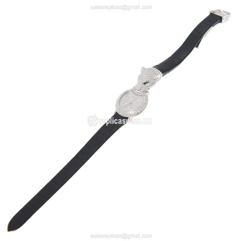 Cartier Bestiaire Quartz 18kt White Gold - Diamond Dial - Silver - Black Alligator Strap - View 3