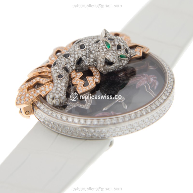 Cartier HPI00911 PANTHeRE Replica - Quartz - 18kt White Gold - Diamond Set - Black Dial - Alligator White Clasp - View 2