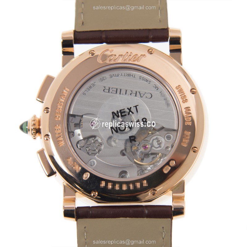 Cartier Rotonde Replica - Automatic - 18kt Rose Gold - Silver Dial, Brown Alligator Strap - View 3