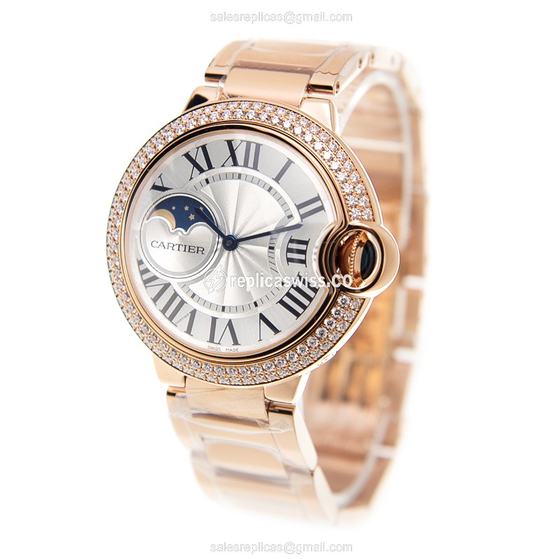 Cartier Ballon Bleu Replica - Automatic - 18kt Rose Gold Case - Diamond - Silver Dial - Gold Strap - View 3