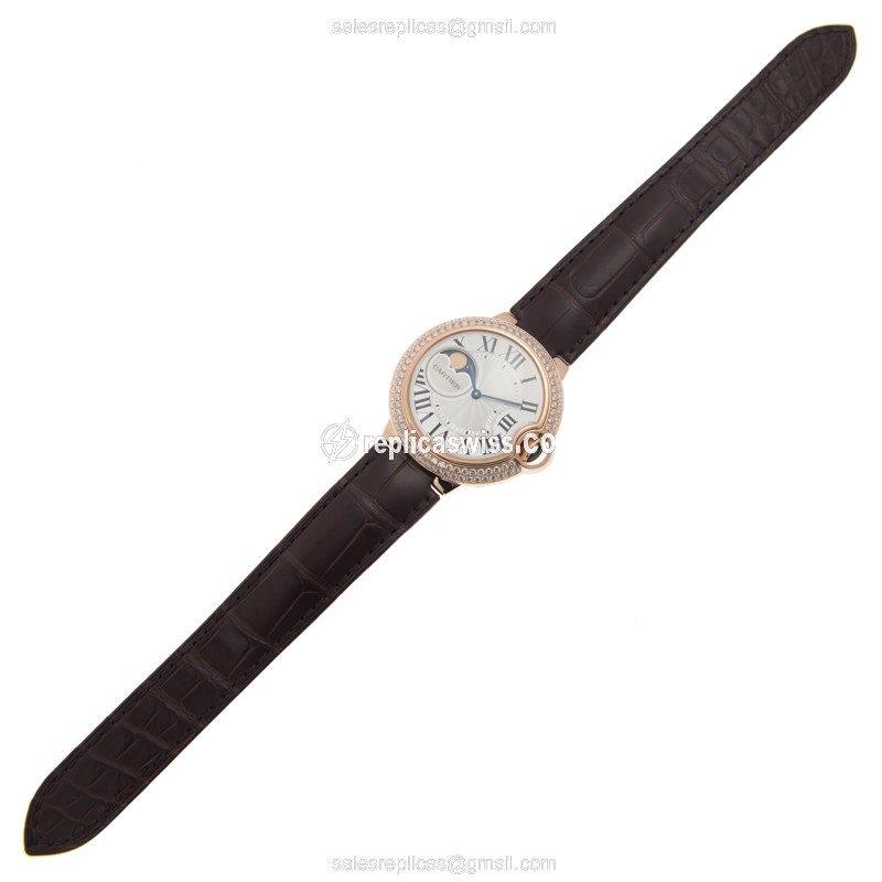 Cartier Ballon Bleu Replica - Automatic - 18kt Rose Gold - Diamonds - Silver Dial - Brown Alligator Strap - View 2