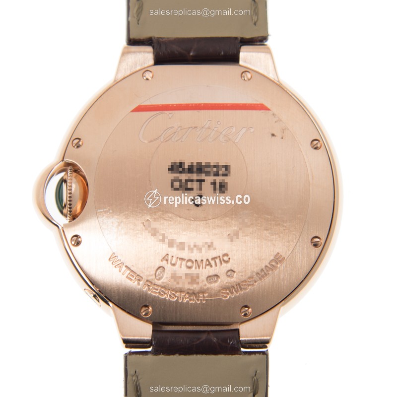 Cartier Ballon Bleu Replica - Automatic - 18kt Rose Gold - Diamonds - Silver Dial - Brown Alligator Strap - View 3