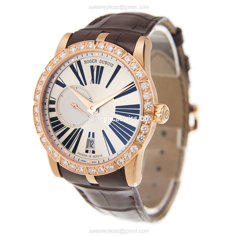 Roger Dubuis RDDBEX0483 EXCALIBUR - Auto - 18kt Rose Gold - Diamond Set - Silver Dial - Brown Alligator Strap - View 3