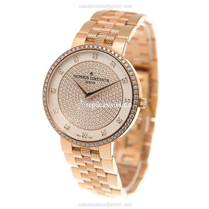 Vacheron Constantin TRADITIONNELLE Manual Wind 18kt Gold - Diamonds - White Dial - Gold Strap - View 3