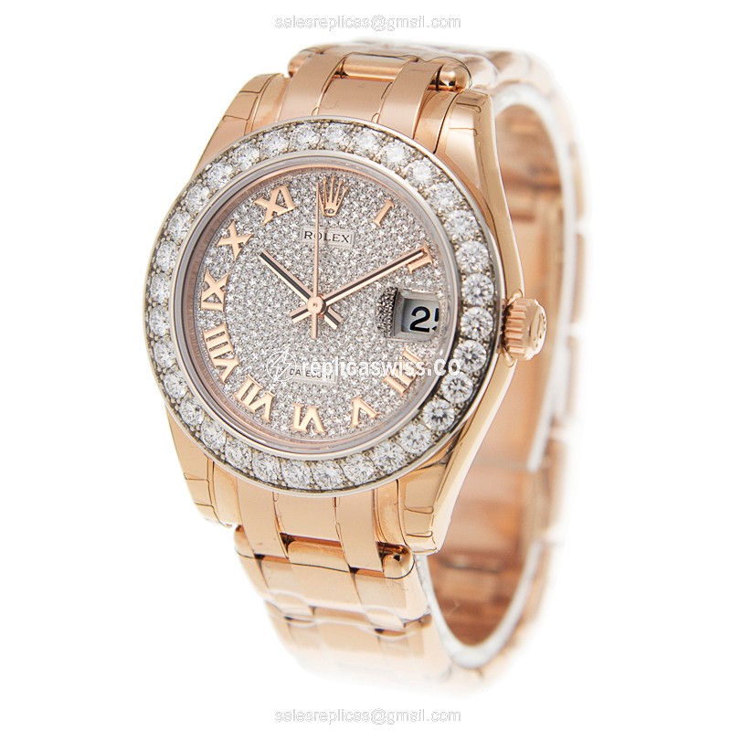 Rolex Lady Datejust Replica - Automatic - 18kt Rose Gold Case - Diamonds - Silver Dial - View 3