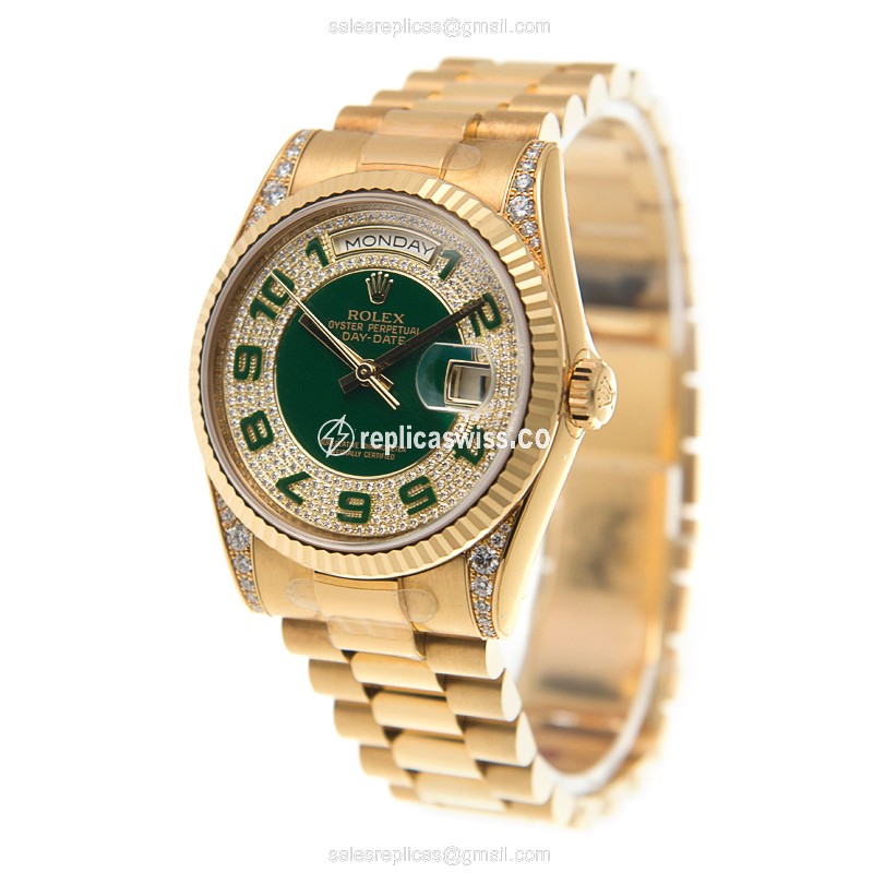 Rolex DAY-DATE Replica - Automatic - 18kt Gold - Diamond Bezel - Green Dial - View 3