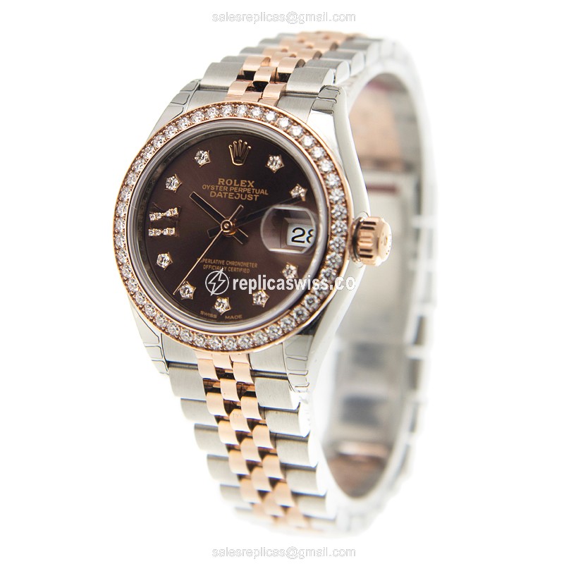 Rolex Datejust Replica - Automatic - 18kt Rose - Brown Dial, Diamond Bezel - View 3