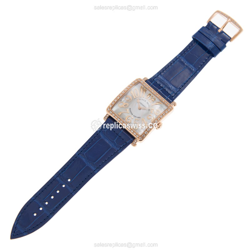 Franck Muller 6002 M B QZ REL MOP V D 1R Master Square - Quartz - 18kt Rose Gold - Diamond Dial - White - Blue Alligator Buckle - View 2