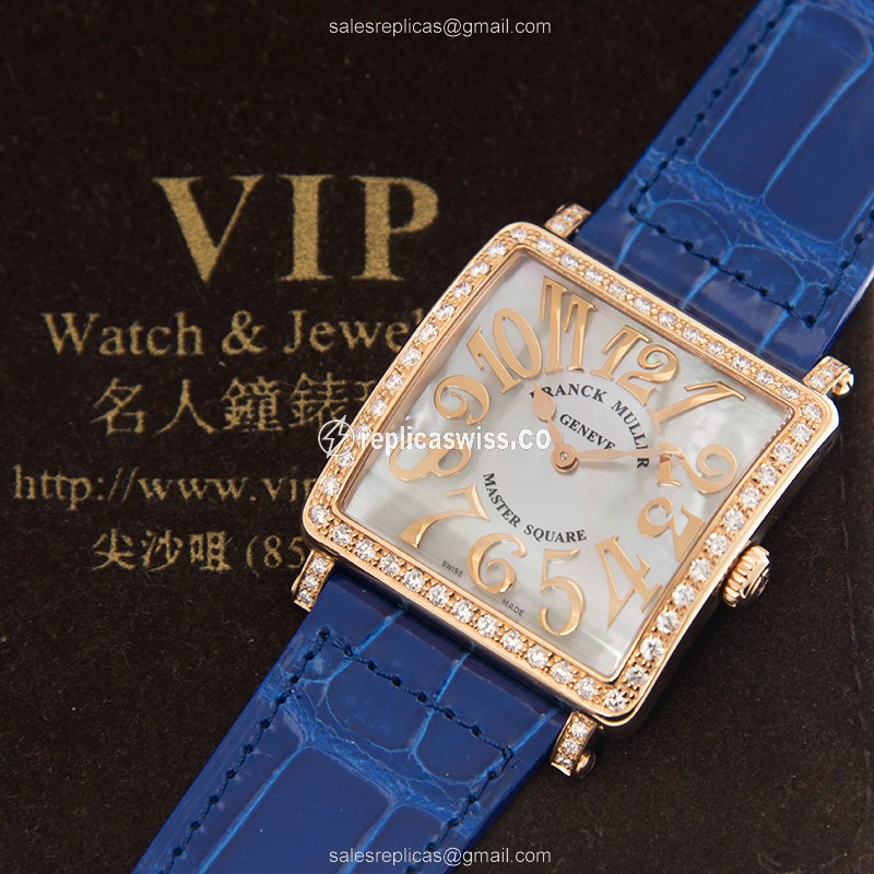 Franck Muller 6002 M B QZ REL MOP V D 1R Master Square - Quartz - 18kt Rose Gold - Diamond Dial - White - Blue Alligator Buckle - View 4