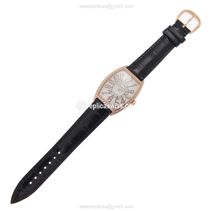 Franck Muller 7502 QZ REL D 1R 5N Replica - Quartz - 18kt Rose Gold - Diamond Case - Silver Dial - Black Alligator Strap - View 2