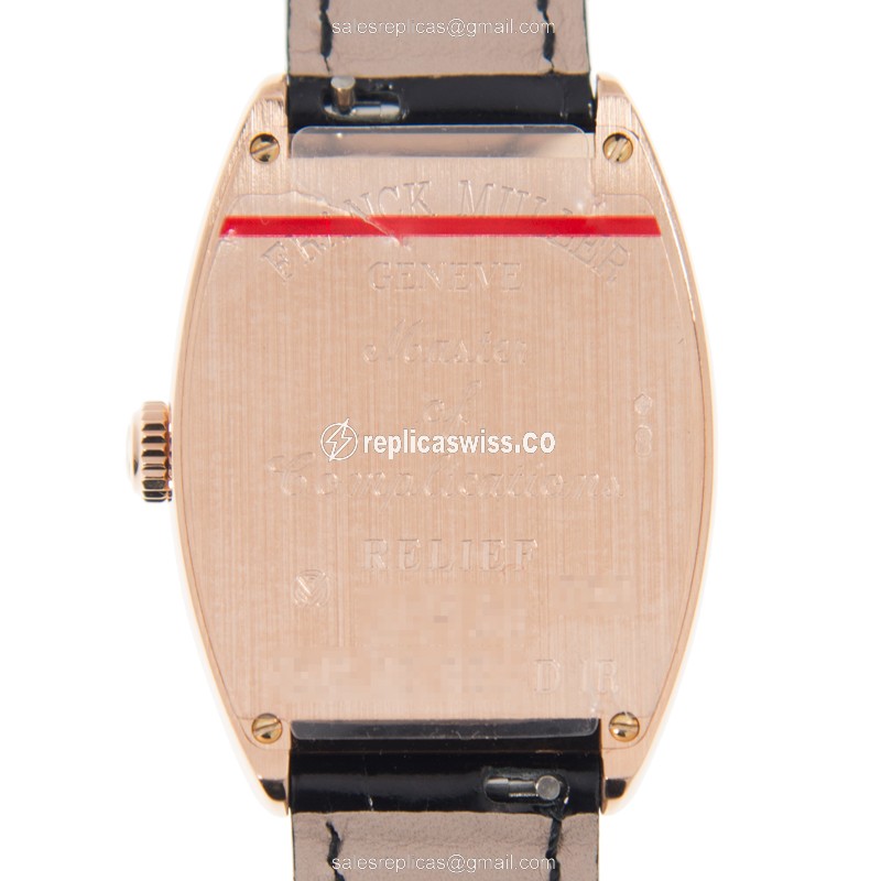 Franck Muller 7502 QZ REL D 1R 5N Replica - Quartz - 18kt Rose Gold - Diamond Case - Silver Dial - Black Alligator Strap - View 3