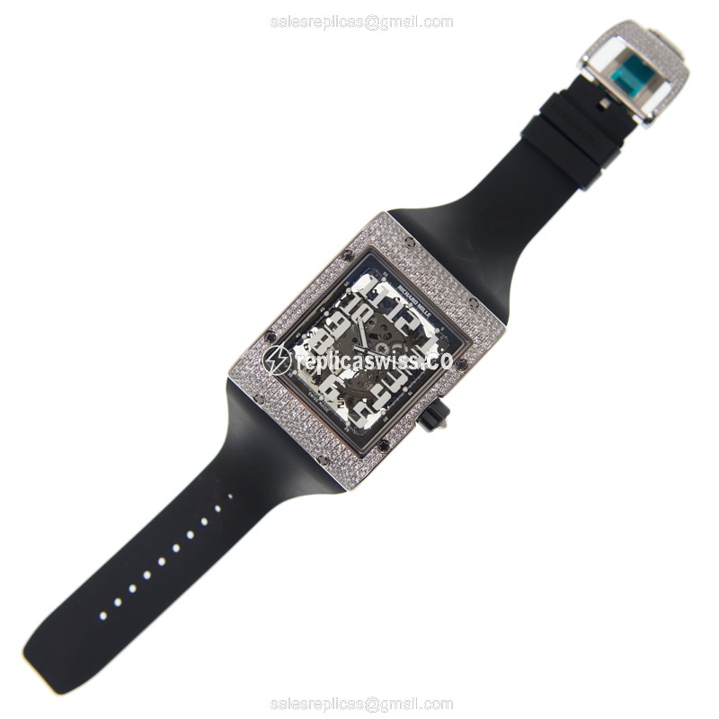 Richard Mille RM016-AJ Replica - Auto - 18kt White Gold - Diamond Case - Black Dial - Rubber Strap - View 2