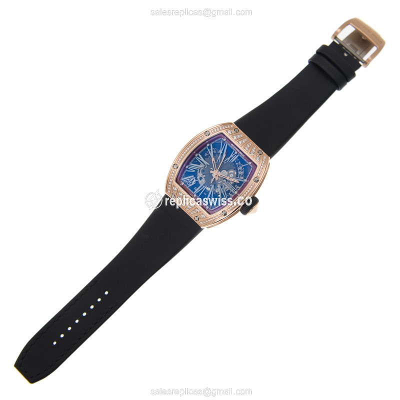 Richard Mille RM023 Replica - Automatic - Rose Gold Case - Diamonds - Silver Dial - Black Cowhide Strap - View 2