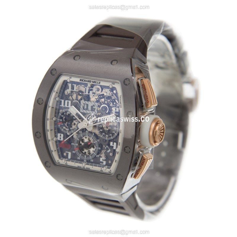 Richard Mille RM011-AN-RG-TZP-Z Replica - Automatic - Ceramic Case - Gray Dial - Brown Rubber Strap - View 3
