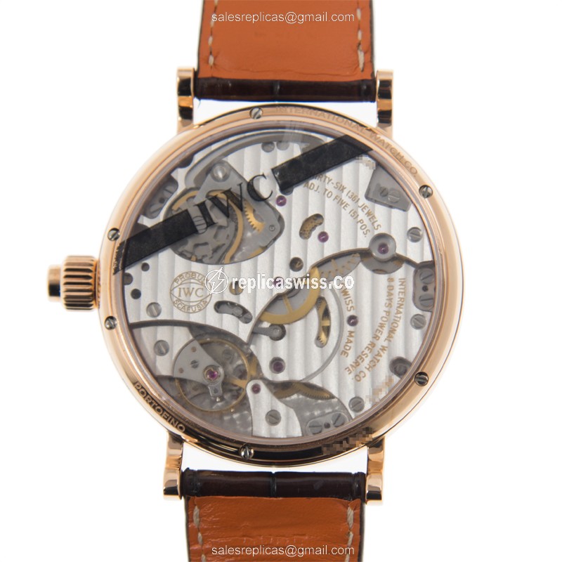 IWC Portofino Replica - Manual Wind - 18kt Rose Gold - Silver Dial - Brown Alligator Strap - View 3