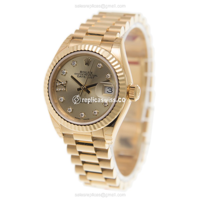 Rolex Lady Datejust Replica - 18kt Gold Case - Automatic - Gold Dial - Gold Strap - View 3