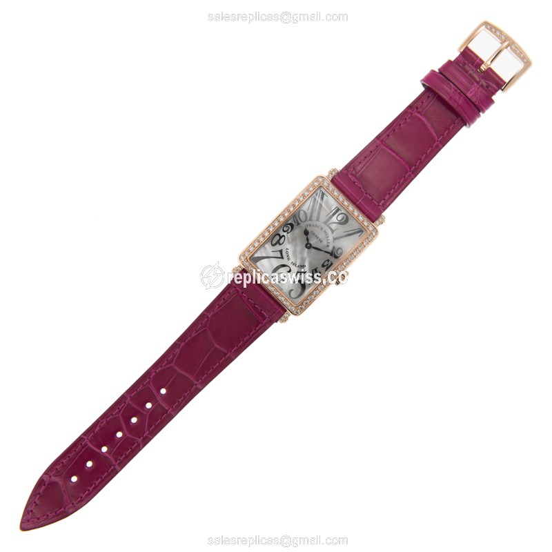 Franck Muller 952 QZ LONG ISLAND - Quartz - 18kt Rose Gold - Diamond Dial - Pink Alligator Buckle - View 2
