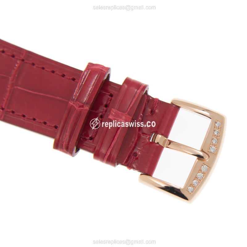 Franck Muller Long Island Replica - Quartz - 18kt Rose Gold Case - Diamonds - White Dial - Red Alligator Strap - View 4