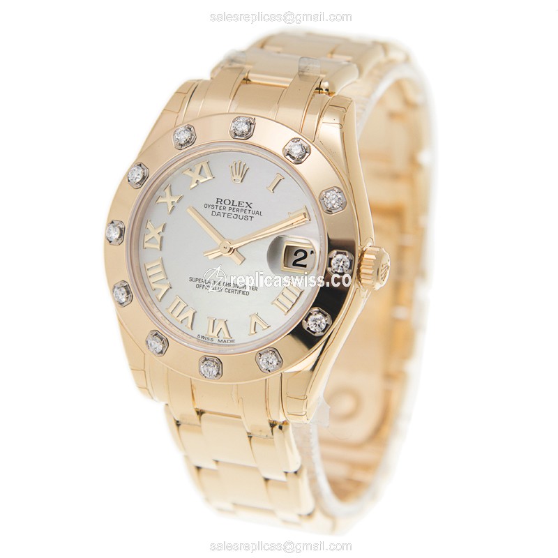Rolex Lady Datejust Replica - Automatic - 18kt Gold Case - Diamond Bezel - White Dial - View 3