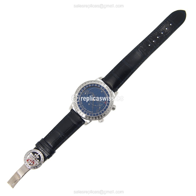 Patek Philippe 6104G-001 Replica - Automatic - 18kt White Gold - Blue Dial - Diamond - Alligator Blue Strap - View 2