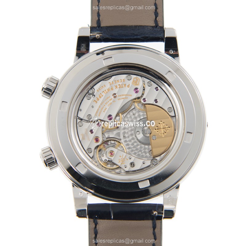 Patek Philippe 6104G-001 Replica - Automatic - 18kt White Gold - Blue Dial - Diamond - Alligator Blue Strap - View 3