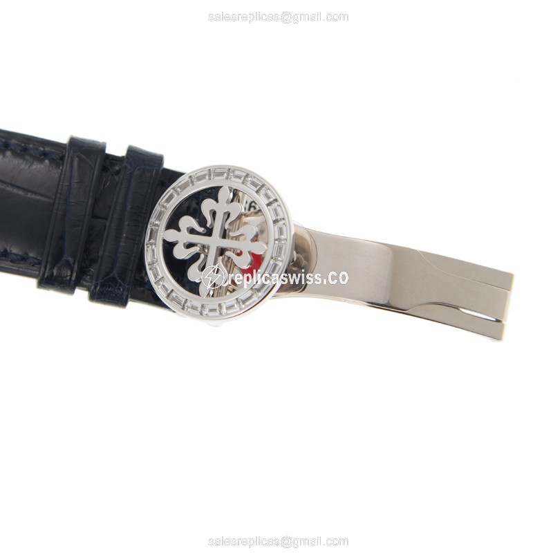 Patek Philippe 6104G-001 Replica - Automatic - 18kt White Gold - Blue Dial - Diamond - Alligator Blue Strap - View 4