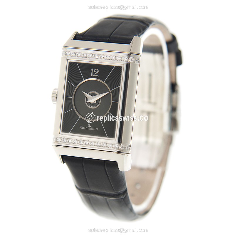 Jaeger-Lecoultre Q2578420 REVERSO Replica - Automatic - Diamond-Trimmed Case - Black Dial - Alligator Strap - View 3