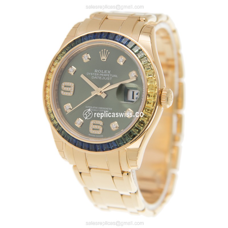 Rolex DATEJUST Replica - Automatic - 18kt Gold Case, Diamond Bezel - Dark Green Dial - View 3