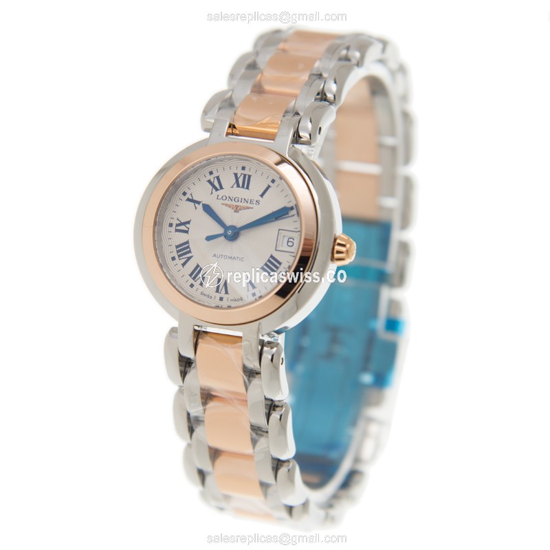 Longines Prima Luna Replica - Automatic - 18kt Rose Gold Case - Silver Dial - Steel Strap - View 3