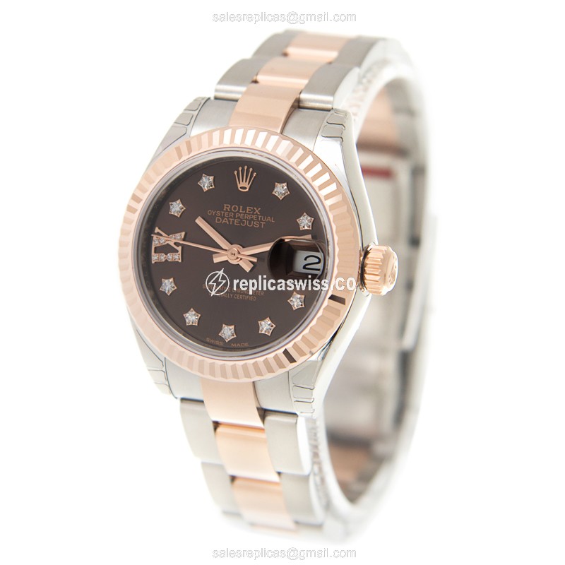 Rolex Lady Datejust Replica - Automatic - 18kt Rose Gold & Steel Case - Brown Dial - View 3