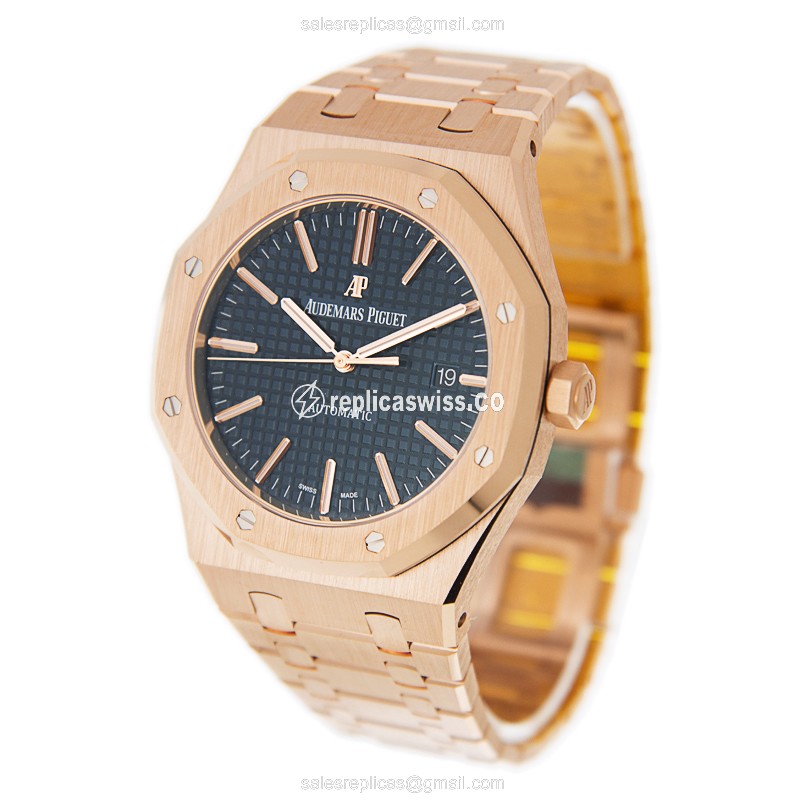 Audemars Piguet Royal Oak Replica - Automatic - 18kt Rose Gold - Blue Dial - Gold Strap - View 3