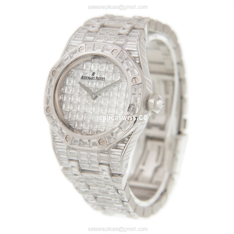 Royal Oak Replica - Quartz - 18kt White Gold - Diamond Dial - Silver Strap - View 3