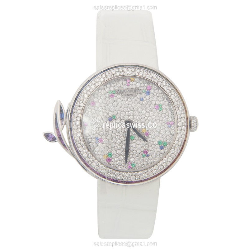 Patek Philippe 7002/450G-013 Replica - Automatic - 18kt White Gold - Diamond Case - White Dial - Alligator Strap - View 2