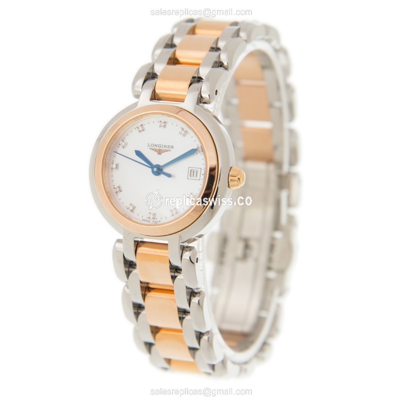 Longines Prima Luna Replica - Quartz - 18kt Rose Gold & Steel - White Dial - Silver Clasp - View 3