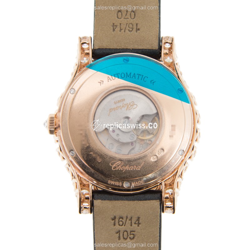 Chopard 139419-5001 Women Jewelry Replica - Automatic 18kt Rose Gold - Diamond Gold Dial - Silk Black Strap - Buckle Clasp - View 3