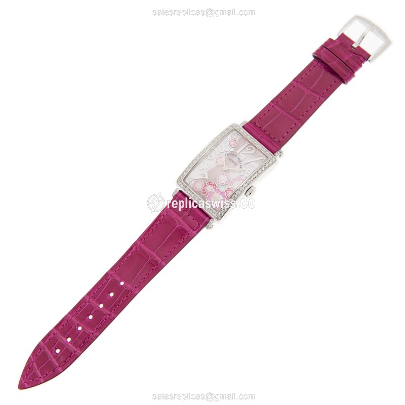 Franck Muller Long Island Replica - Quartz - Diamond Case - White Dial - Alligator Strap - View 2