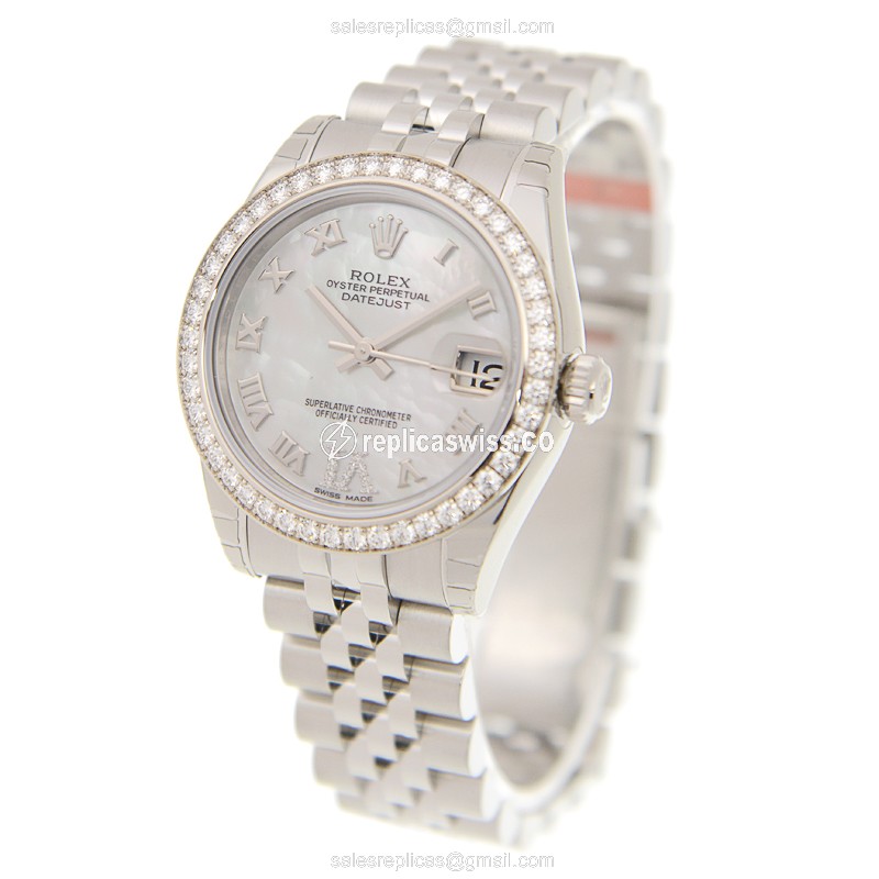 Rolex Datejust Lady Replica - Automatic - White Gold - Diamond Accents - Steel Case - View 3