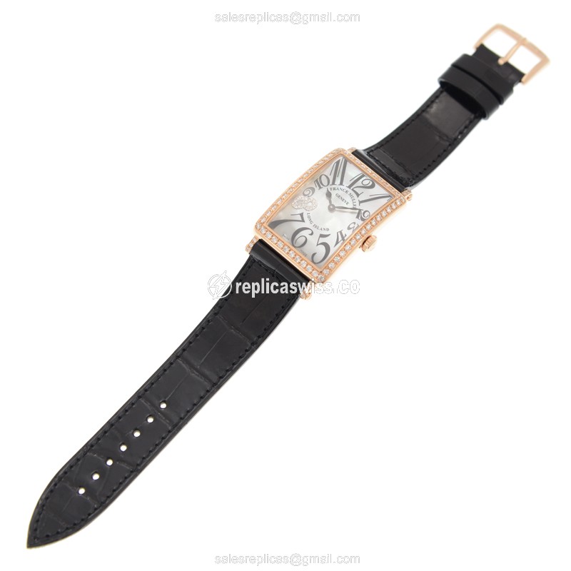 Franck Muller 952 QZ MOP D 1R CD8 NI LONG ISLAND - Quartz - 18kt Rose Gold - Diamonds on White Dial, Alligator Purple Strap - View 2