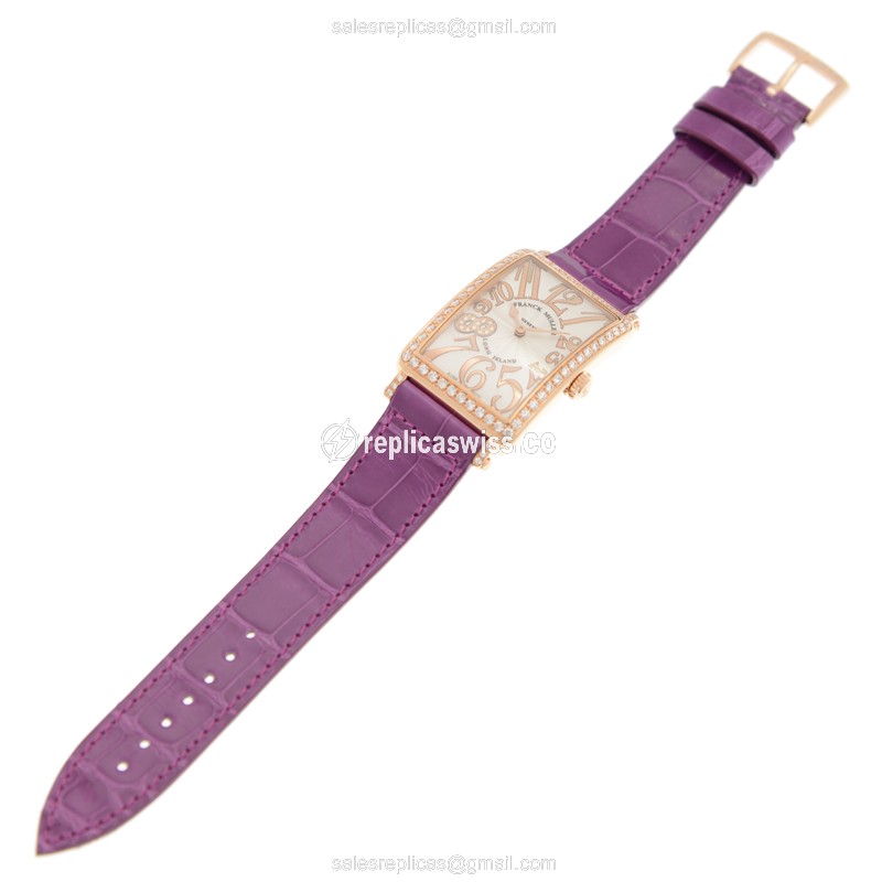 Franck Muller 952 QZ REL D 1R Replica - Quartz - 18kt Rose Gold - Diamond Case - White Dial - Buckle Clasp - View 2