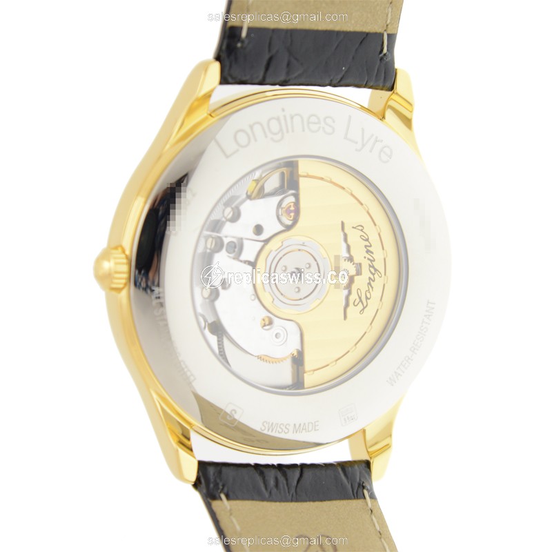 Longines Lyre Replica - Automatic - 18kt Gold/Steel - White Dial, Alligator Black Strap - View 3
