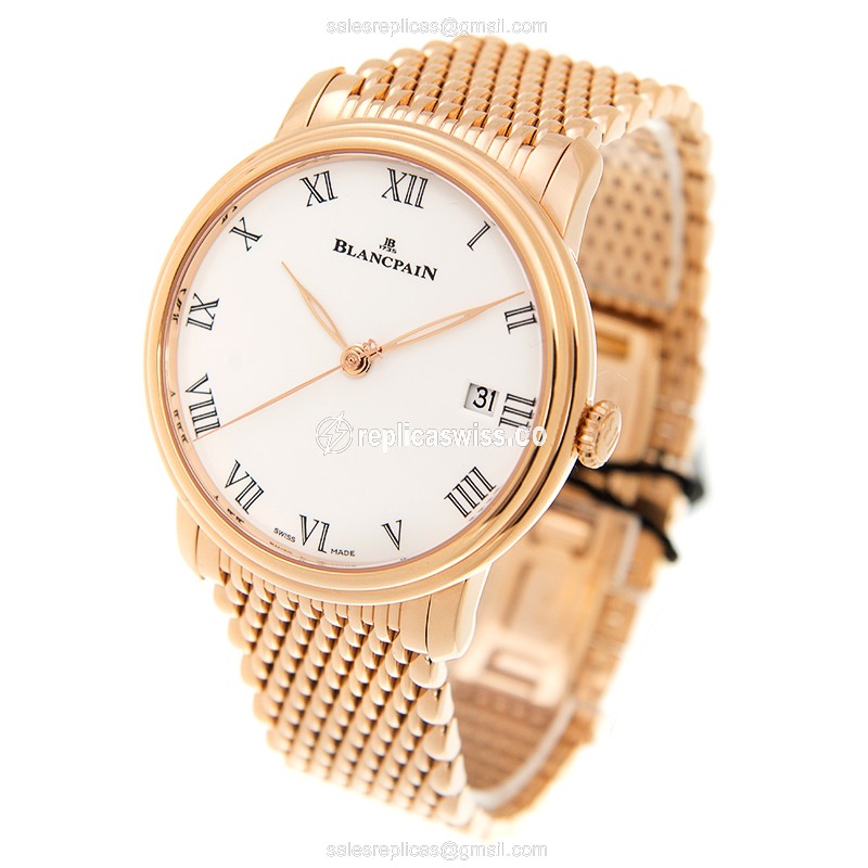 Blancpain Villeret Replica - Automatic - 18kt Rose Gold - White Dial - Gold Strap - View 3
