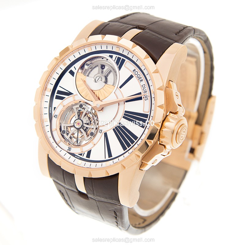 Roger Dubuis EXCALIBUR 18kt Rose Gold Replica - Automatic White Dial Brown Alligator - View 3