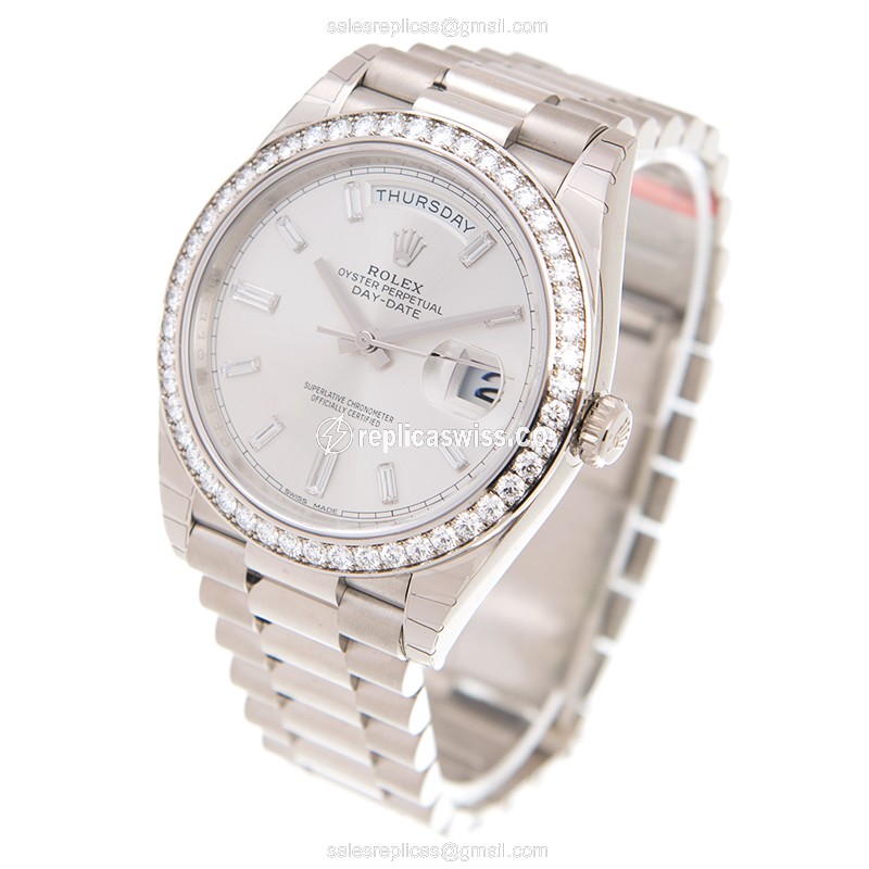 Rolex DAY-DATE Replica - Automatic - White Gold - Diamond Bezel - Silver Dial - View 3